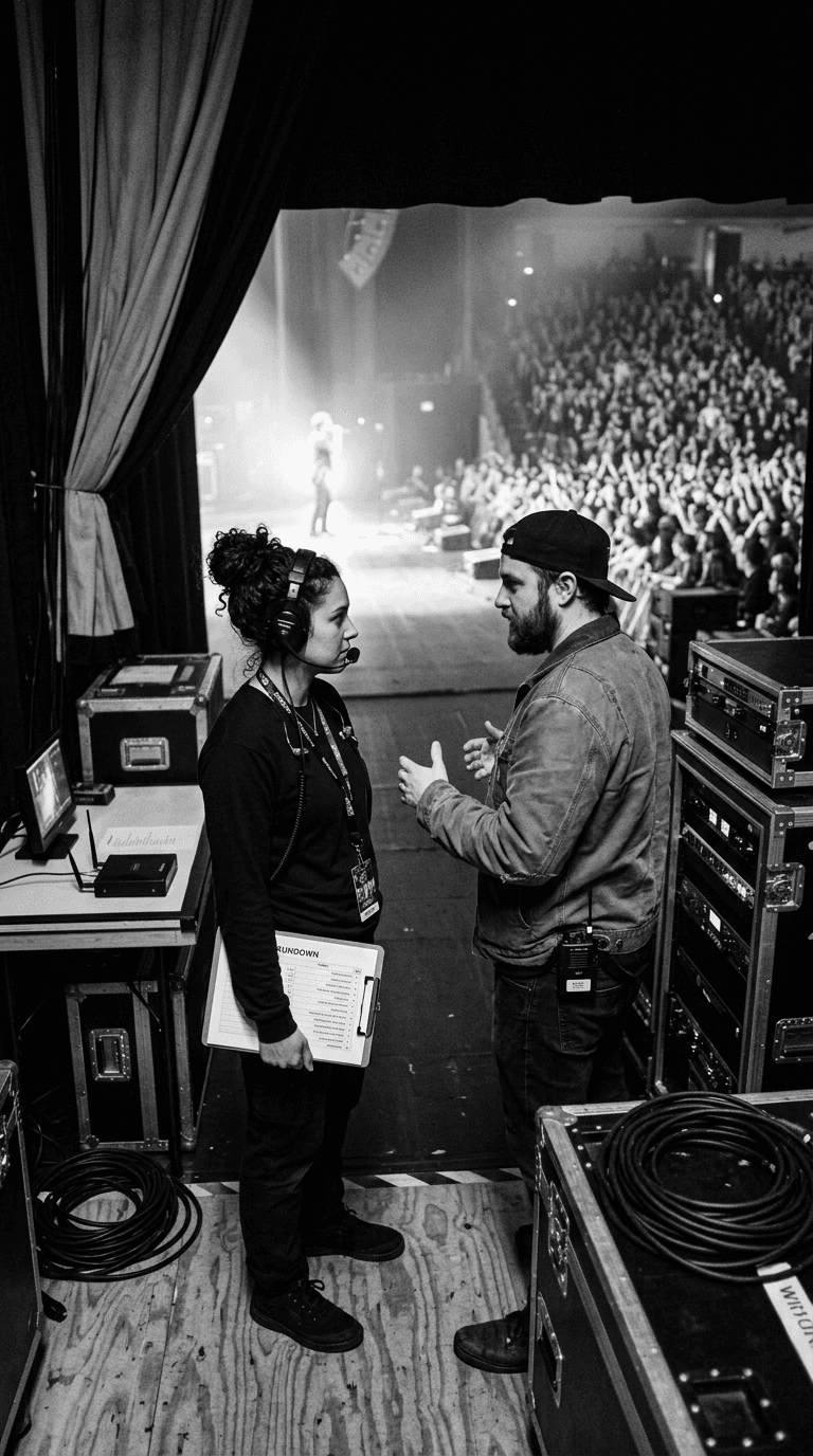 People talking backstage at a show